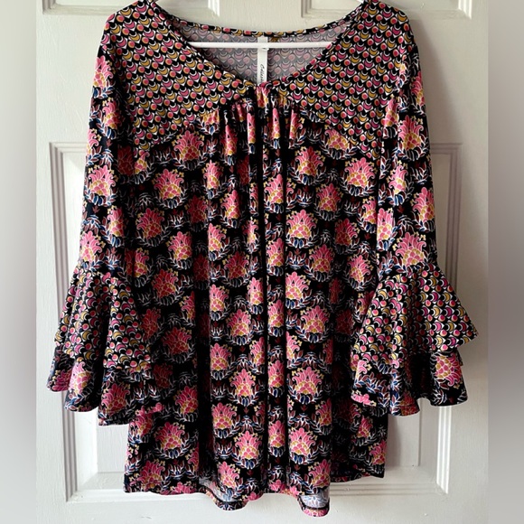 NY Collection Tops - NY Collection Pink Black Boho Print Double Ruffle Bell Sleeve Knit Blouse 2X ?